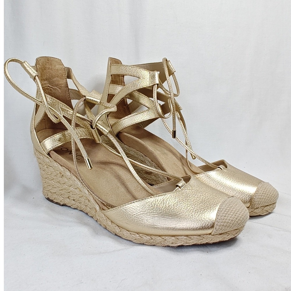 Vionic Calypso Wedge Espadrille Gold Metallic Lace Up Sandals Size 9